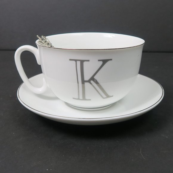 Bella Lux K Monogram Teacup, Saucer, & Spoon Holiday Collection White Silver - Picture 1 of 7